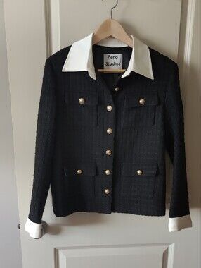 Womens Black Tweed Button-Front Jacket with White Trim